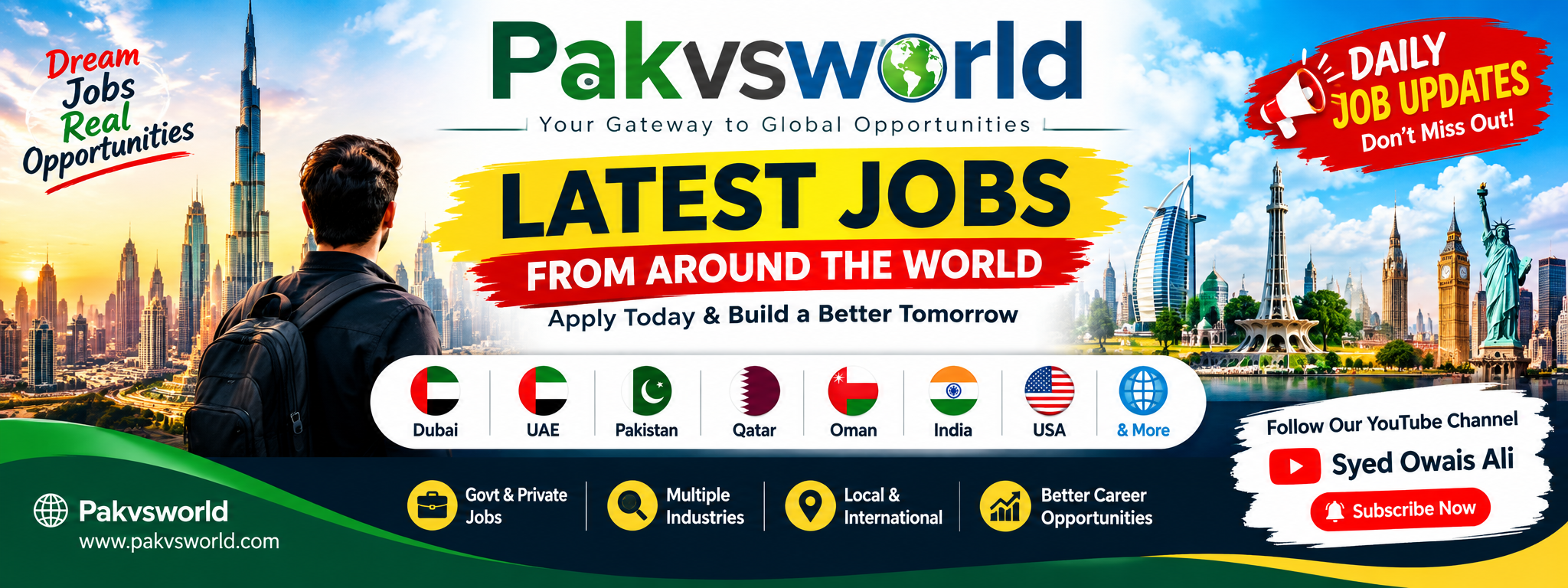Pakvsworld latest jobs banner featuring Dubai Jobs, UAE Jobs, Pakistan Jobs and international job opportunities