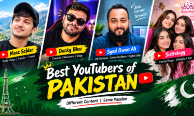 Best YouTubers of Pakistan featuring Maaz Safder, Ducky Bhai, Syed Owais Ali, and Sistrology, highlighting Pakistani vlogging, comedy, career guidance, and lifestyle content.