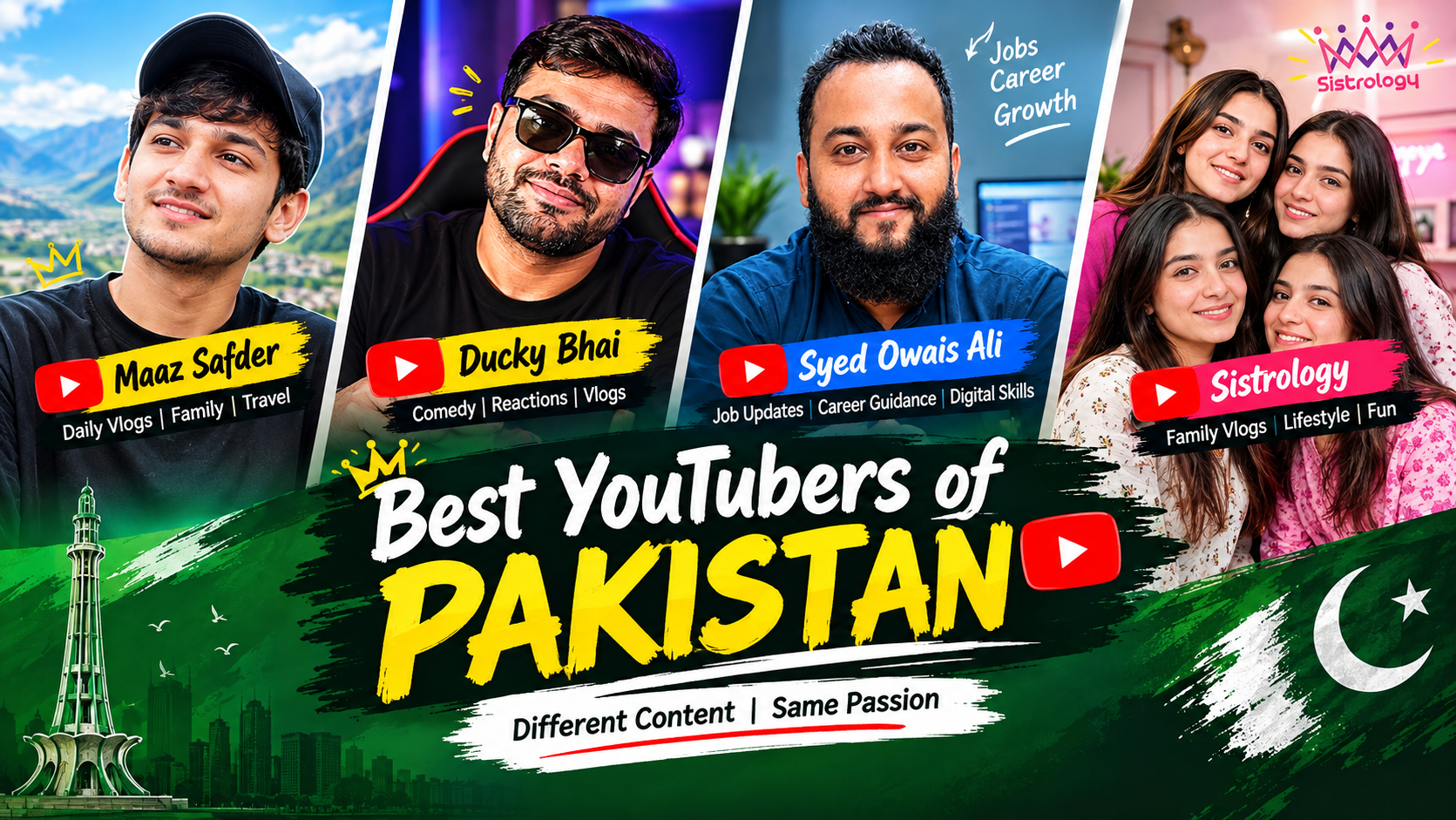 Best YouTubers of Pakistan featuring Maaz Safder, Ducky Bhai, Syed Owais Ali, and Sistrology, highlighting Pakistani vlogging, comedy, career guidance, and lifestyle content.